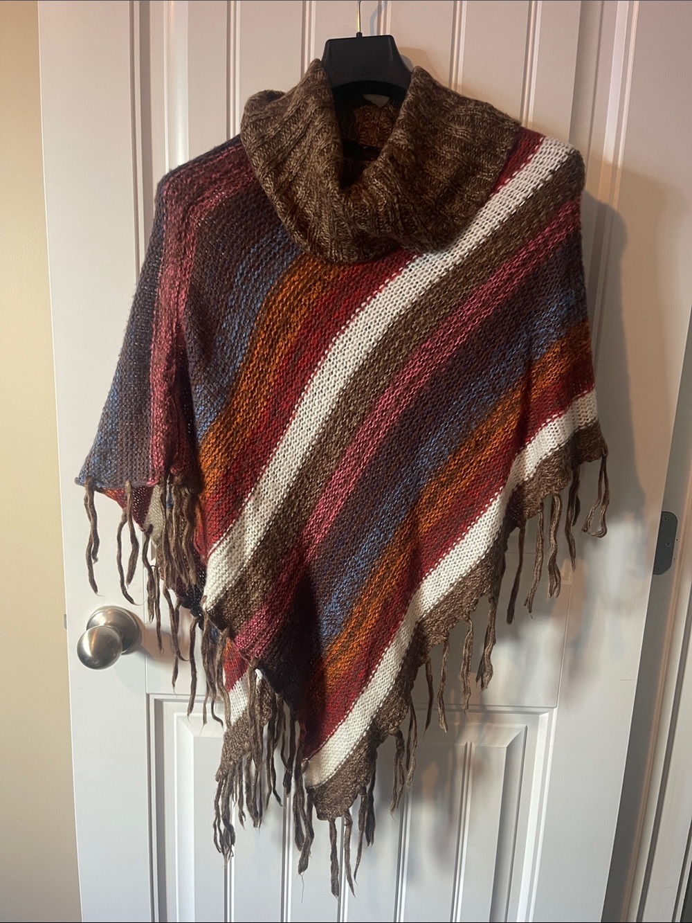 Striped Fringe Knit Poncho with Cowl Neck - Brown Multi
